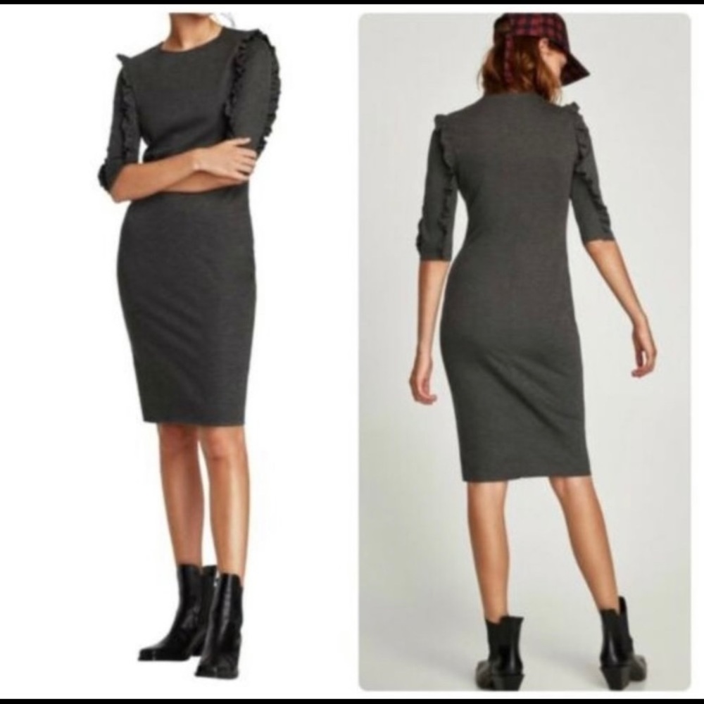 NWT Zara Trafaluc Grey Pencil Fitted Ruffle Sleeve Jumper Dress Size M